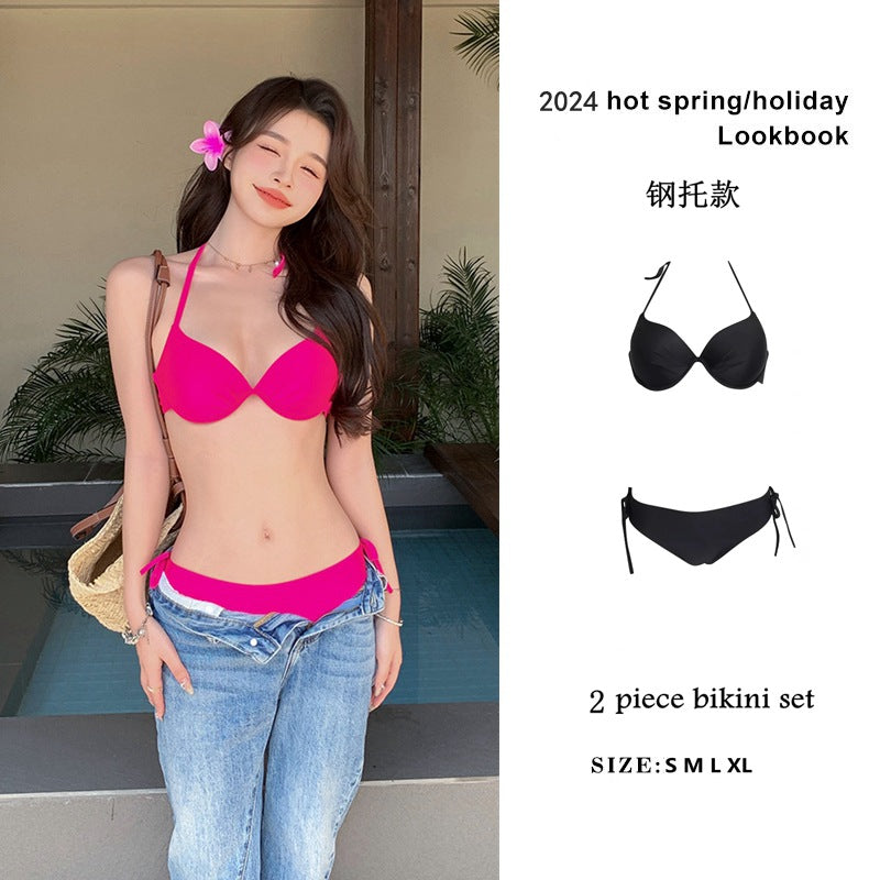 Beach Vacation Hot Spring PINK Pink Rose Red Bikini Swimsuit Women's Steel