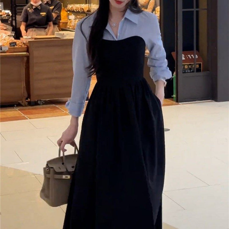 Plus Size Early Autum New Women's Fake Two-Piece Shirt Black Long-Sleeved