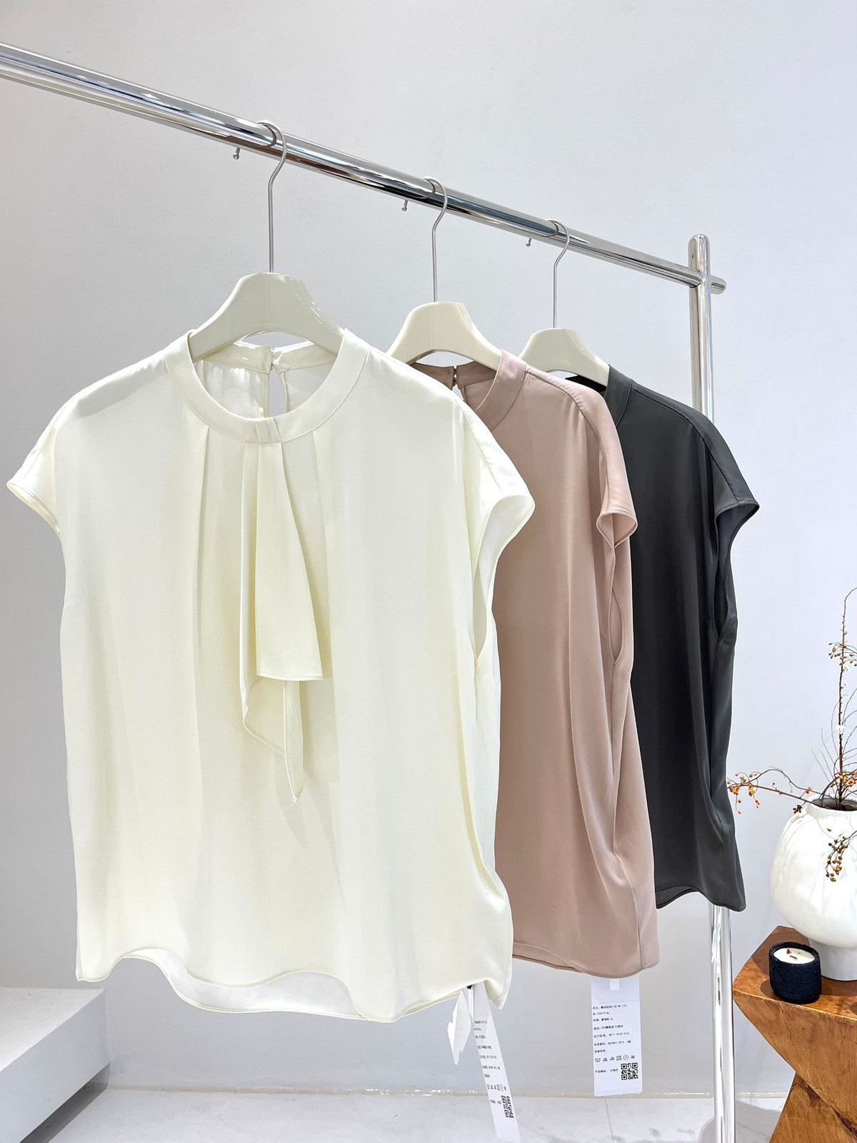 Silk Short-Sleeved Shirt for Women Spring and Summer Solid Color Ribbon