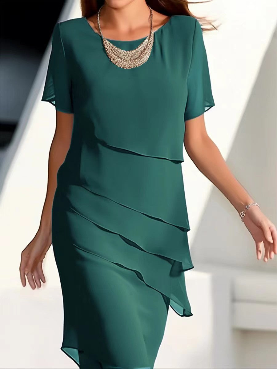 Wish Export Women's Pure Color Short-Sleeved Glitter Ruffled Round Collar