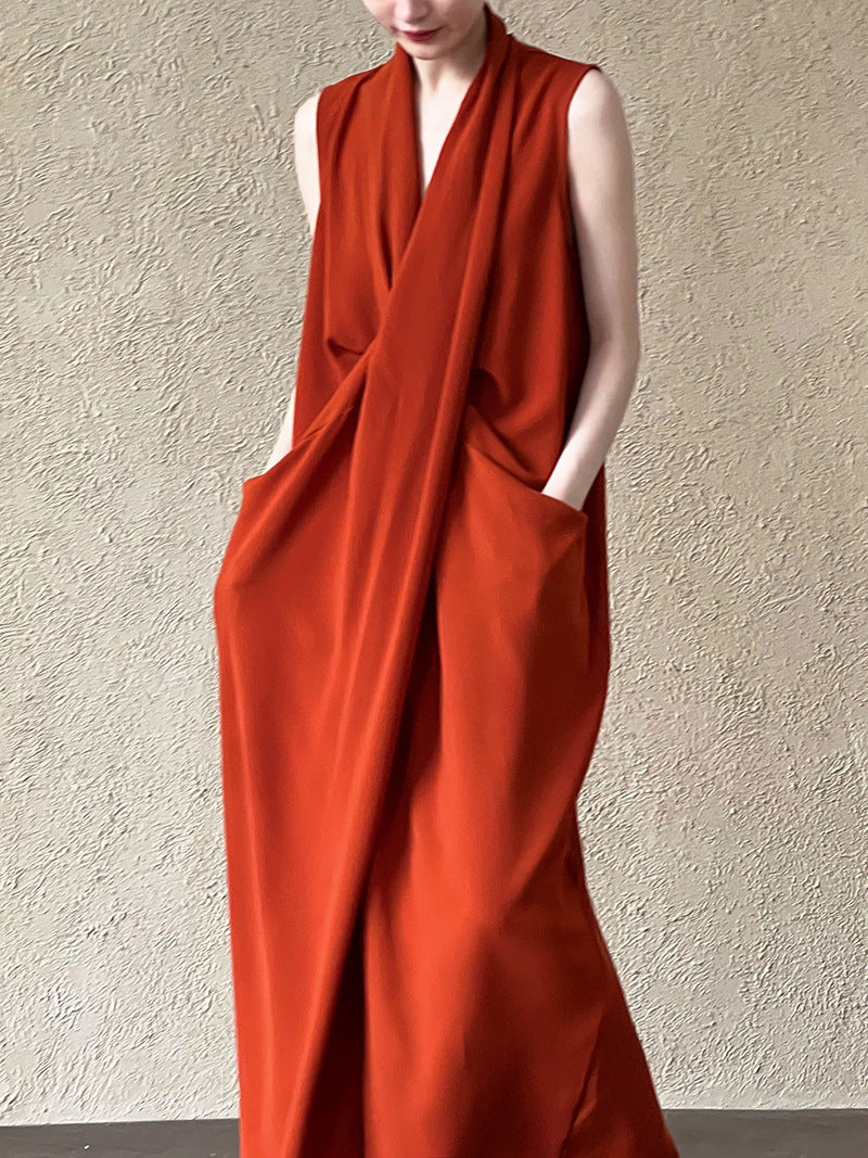 Luxi Elegant V-neck Sleeveless Kink Waist dress Women's Slimming Irregular