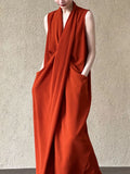 Luxi Elegant V-neck Sleeveless Kink Waist dress Women's Slimming Irregular