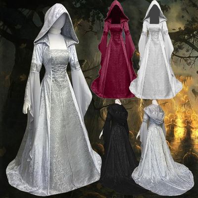 Women's Cos Clothing Medieval Retro Style Wedding Dress 4-Color Hooded