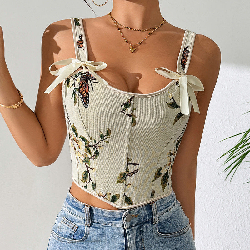 French Style Bow Lace-up Floral Sexy Shaper Women's Sling Printed Slim-fit