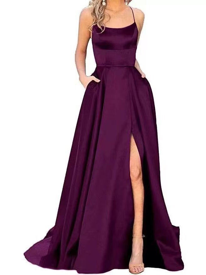 new bridesmaid dress long dress small tail strap solid color banquet