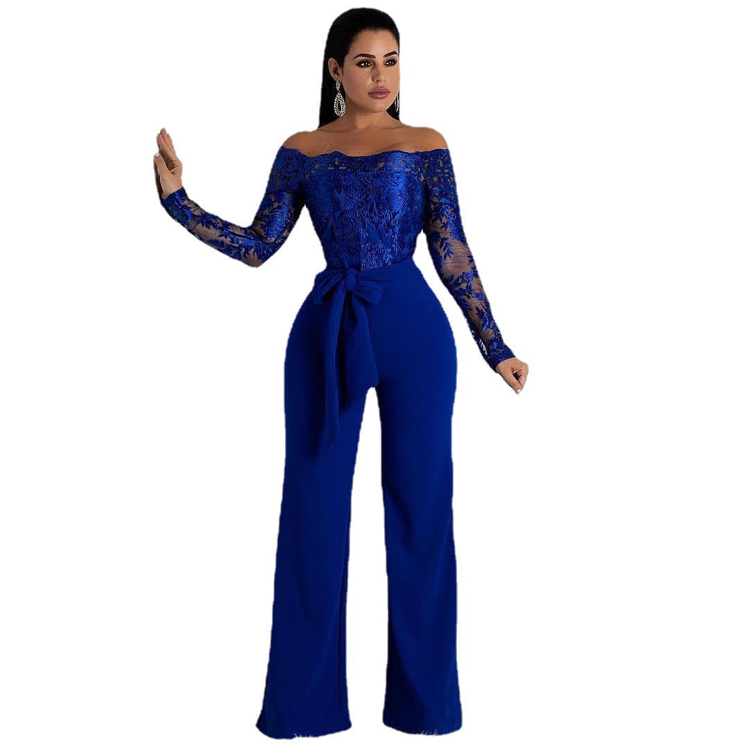 Sj3227 Casual Women's Water-Soluble Lace One-Line Collar Wide-Leg Jumpsuit