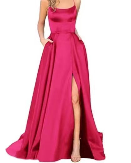 new bridesmaid dress long dress small tail strap solid color banquet