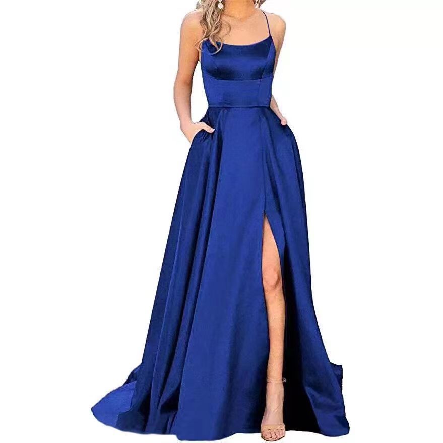 new bridesmaid dress long dress small tail strap solid color banquet