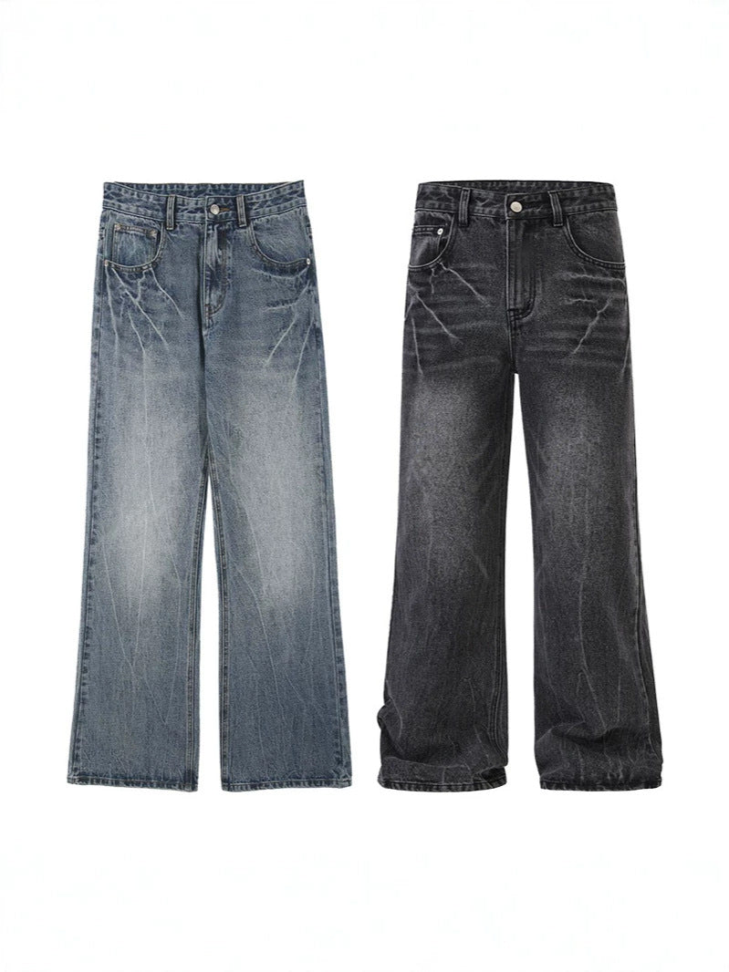 LKTM Men's# American vibe Lightning Crack Blue Jeans Men's cleanfit