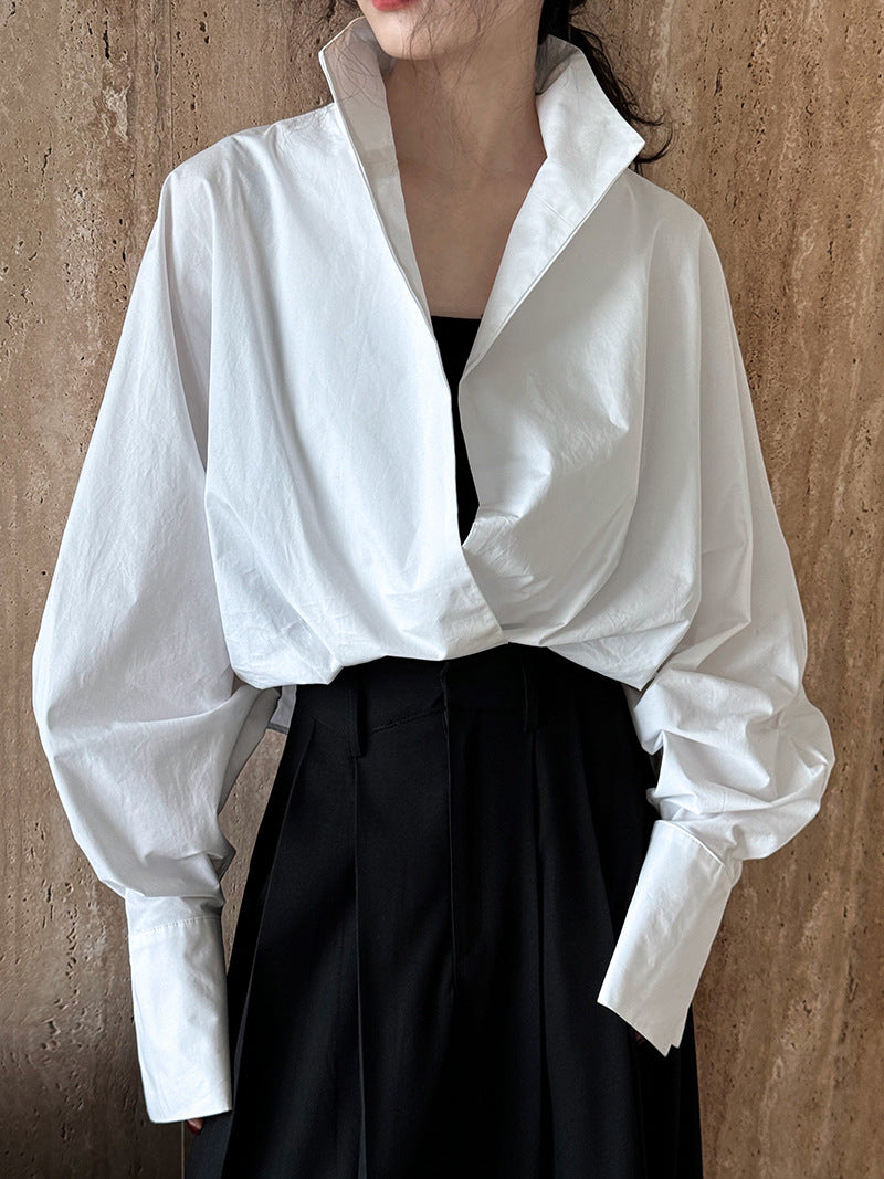 Luxi profile stacked stand collar deep V-neck white shirt Women's lazy