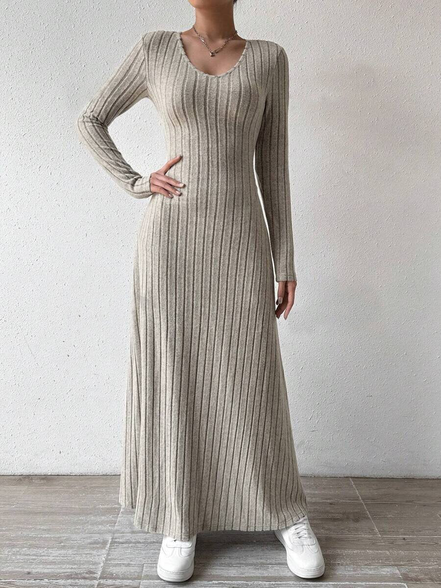 Dress Slim Fashion Women's Knitted Pure Color Long-Sleeved A-Line Street