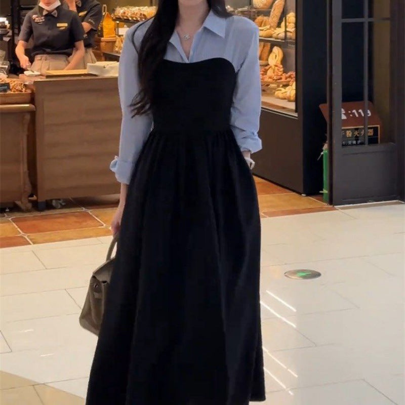 Plus Size Early Autum New Women's Fake Two-Piece Shirt Black Long-Sleeved