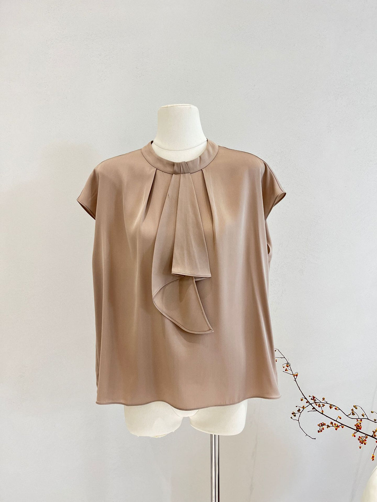 Silk Short-Sleeved Shirt for Women Spring and Summer Solid Color Ribbon