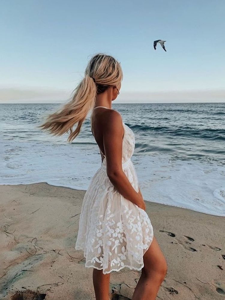 Summer New Sexy Deep V Neck Backless Suspender Dress Lace Beach Dress