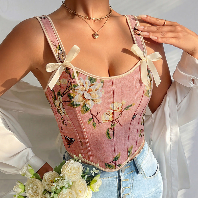 French Style Bow Lace-up Floral Sexy Shaper Women's Sling Printed Slim-fit