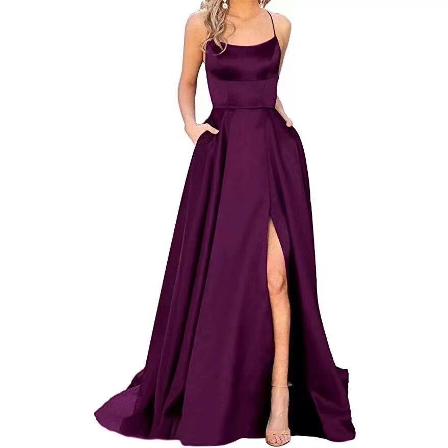 new bridesmaid dress long dress small tail strap solid color banquet