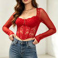 Style Sexy Lace Mesh Square Collar Long-Sleeved T-Shirt Women's Hot Girl