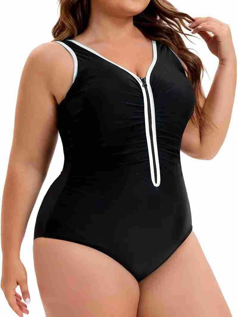 One-Piece Swimsuit, Style, Plus Size, Black and Blue Color-Blocking, Front