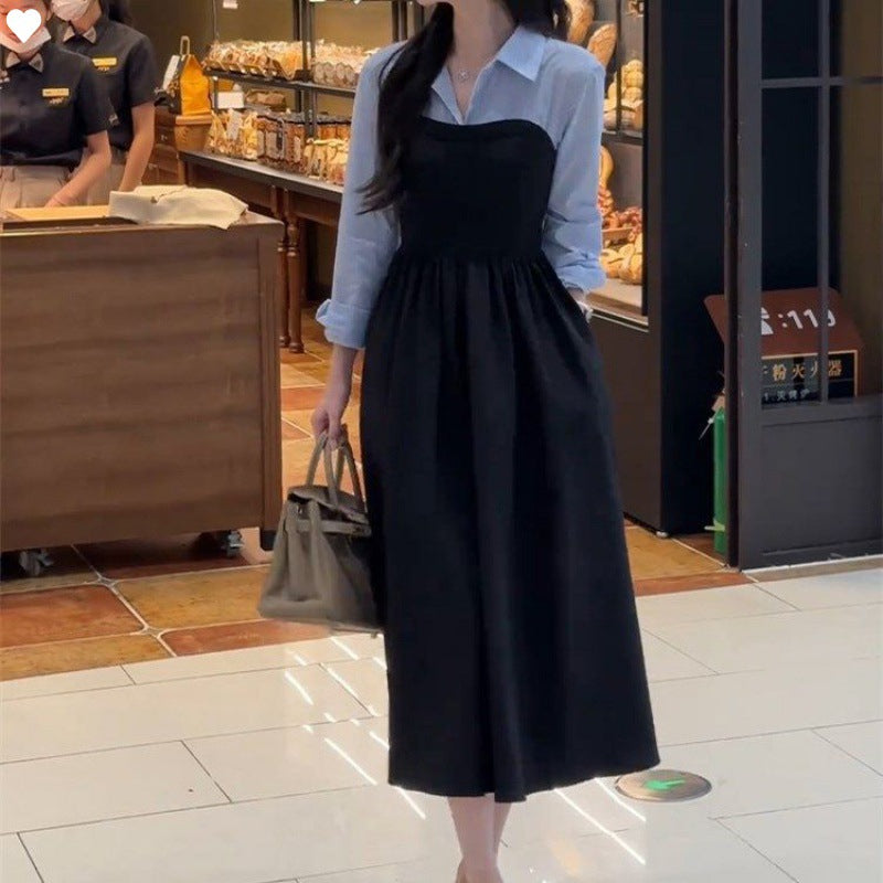 Plus Size Early Autum New Women's Fake Two-Piece Shirt Black Long-Sleeved