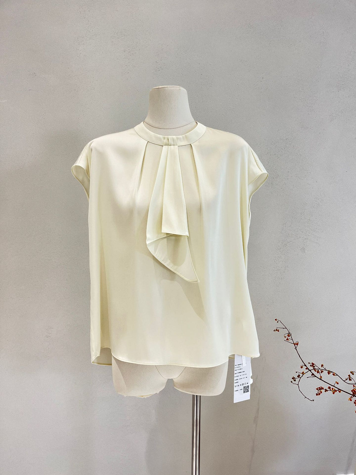 Silk Short-Sleeved Shirt for Women Spring and Summer Solid Color Ribbon