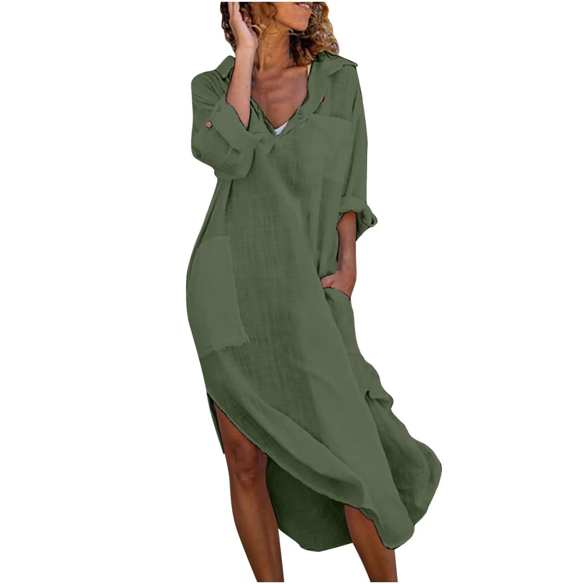 New Style Solid Color Button Slit Loose Breathable Casual Shirt Cotton