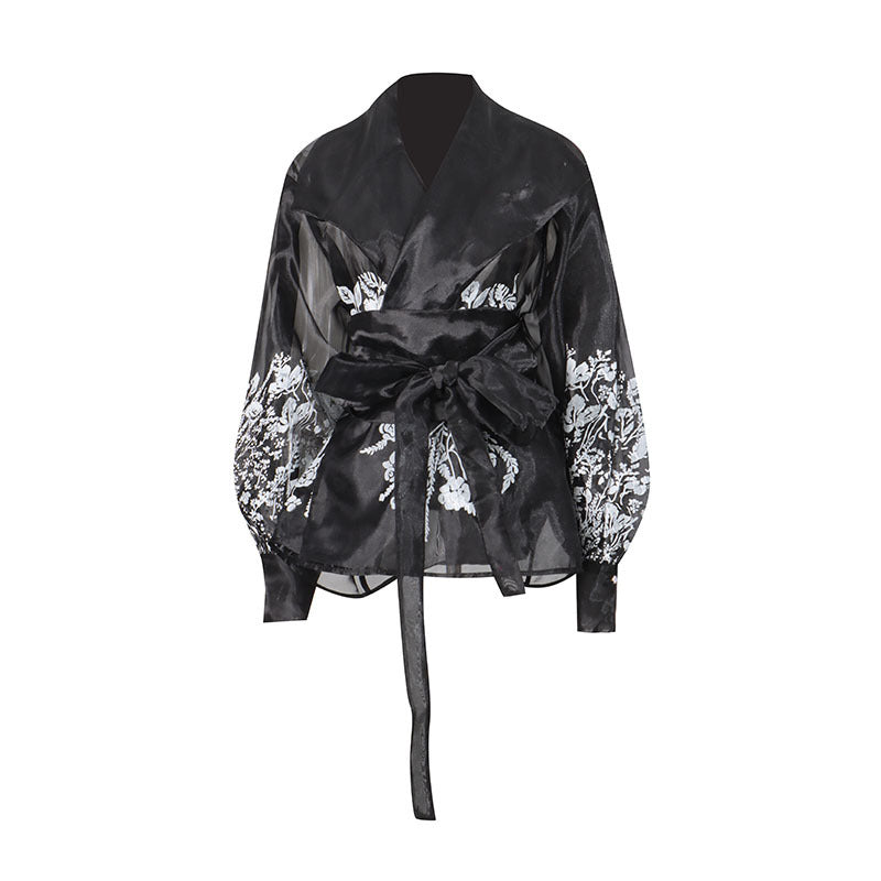 French-Style Elegant Printed Blouse Summer New Organza Large Lapel Lantern