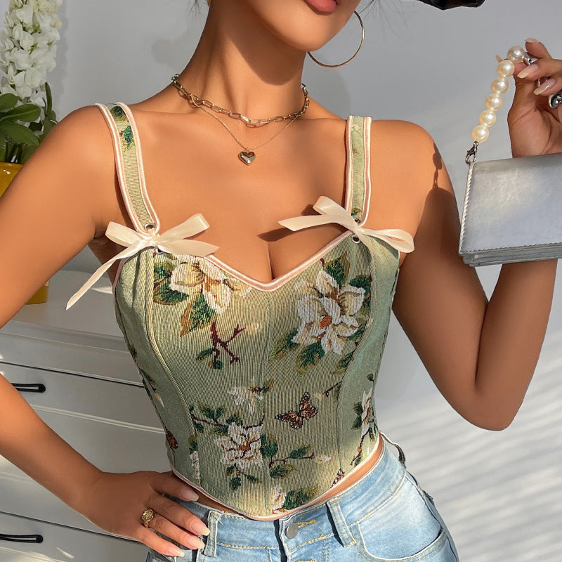 French Style Bow Lace-up Floral Sexy Shaper Women's Sling Printed Slim-fit