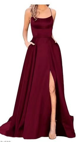 new bridesmaid dress long dress small tail strap solid color banquet