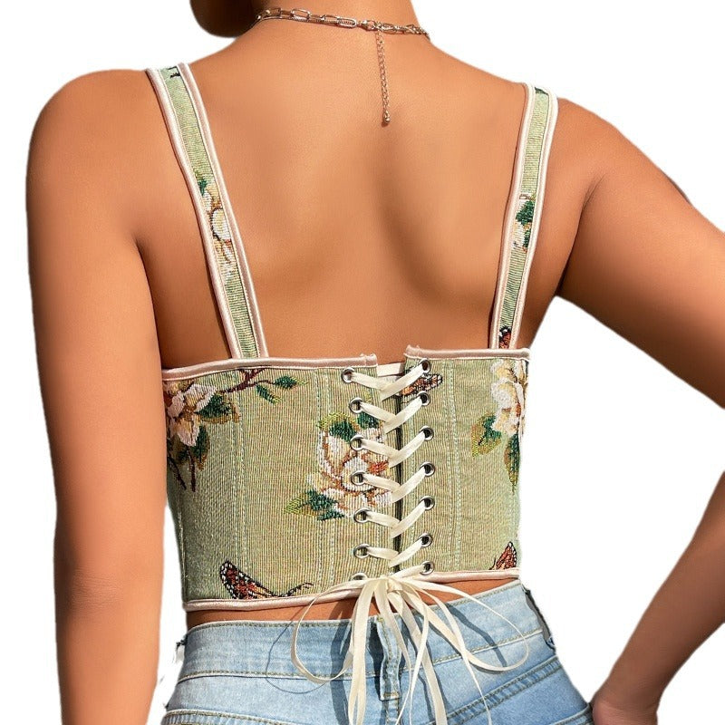 French Style Bow Lace-up Floral Sexy Shaper Women's Sling Printed Slim-fit