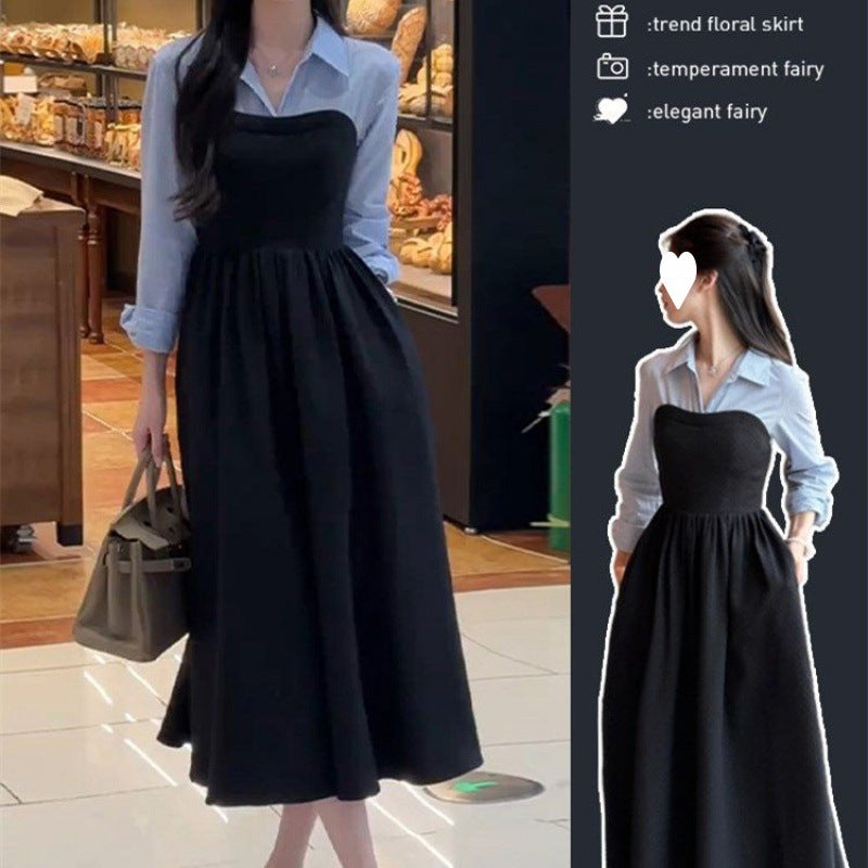 Plus Size Early Autum New Women's Fake Two-Piece Shirt Black Long-Sleeved