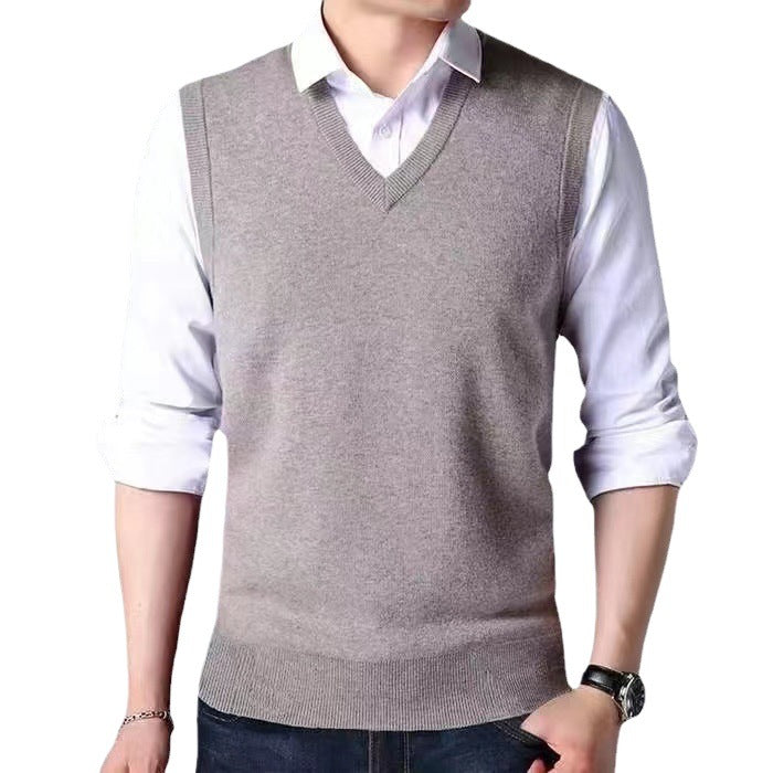 V-Neck New Middle-Aged Wool Vest Gentleman Men's Pullover Knitted Vest