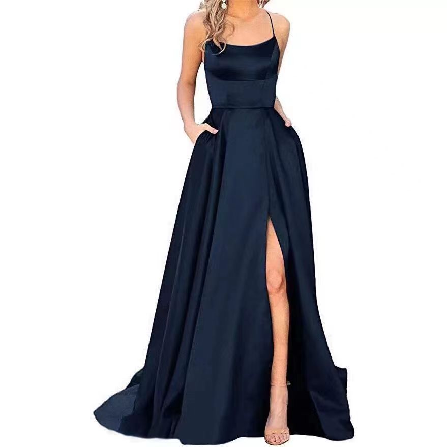 new bridesmaid dress long dress small tail strap solid color banquet