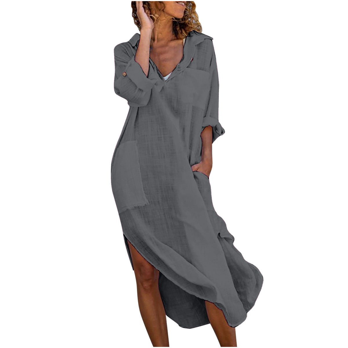 New Style Solid Color Button Slit Loose Breathable Casual Shirt Cotton