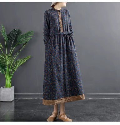 Spring New Vintage Printed Lace-up Waist Lace Small Floral Base Large Size