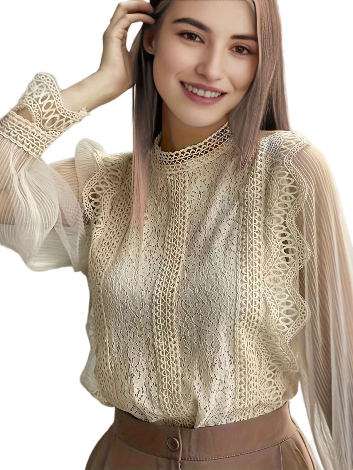 Europe, America and Russia New Elegant Solid Color Mesh Long Sleeve Puff