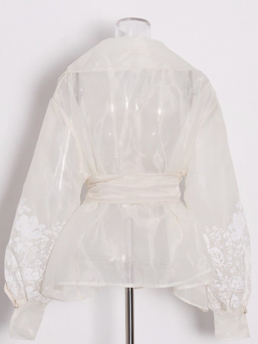 French-Style Elegant Printed Blouse Summer New Organza Large Lapel Lantern
