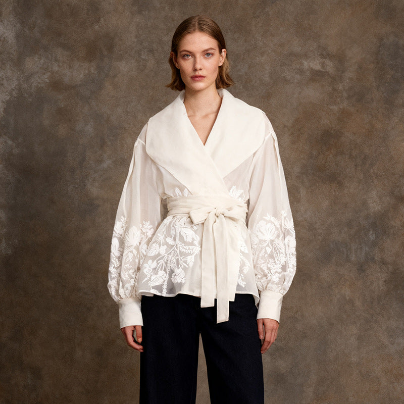 French-Style Elegant Printed Blouse Summer New Organza Large Lapel Lantern