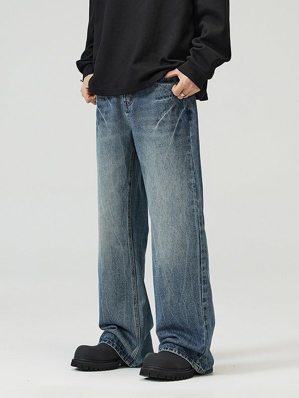 LKTM Men's# American vibe Lightning Crack Blue Jeans Men's cleanfit