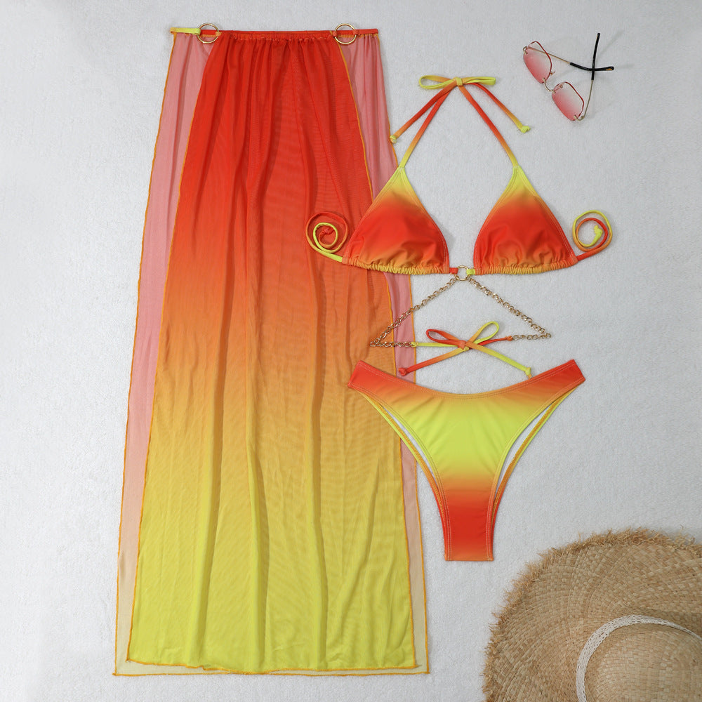 New Gradient Mesh Long Skirt Drawstring Strap Bikini Three-Piece Swimsuit