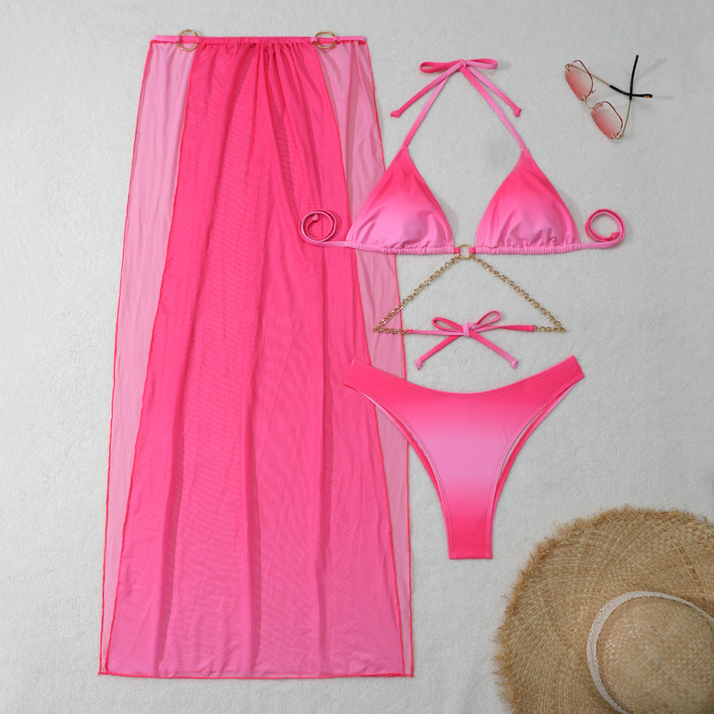 New Gradient Mesh Long Skirt Drawstring Strap Bikini Three-Piece Swimsuit