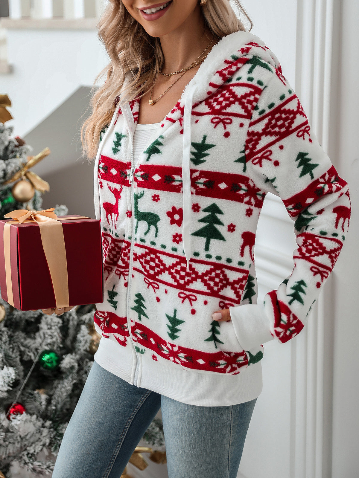 Flash velvet autumn and winter new women's long sleeve cardigan Christmas