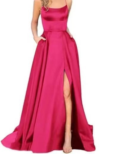 new bridesmaid dress long dress small tail strap solid color banquet