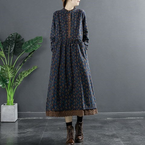 Spring New Vintage Printed Lace-up Waist Lace Small Floral Base Large Size