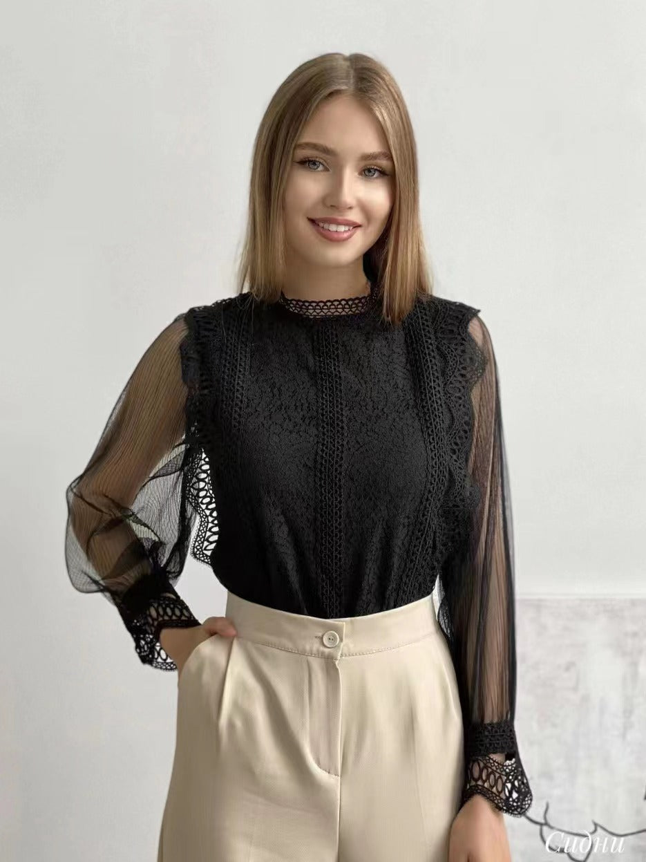 Europe, America and Russia New Elegant Solid Color Mesh Long Sleeve Puff