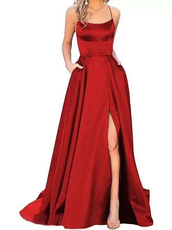 new bridesmaid dress long dress small tail strap solid color banquet