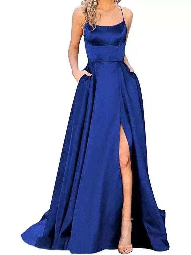 new bridesmaid dress long dress small tail strap solid color banquet