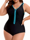 One-Piece Swimsuit, Style, Plus Size, Black and Blue Color-Blocking, Front