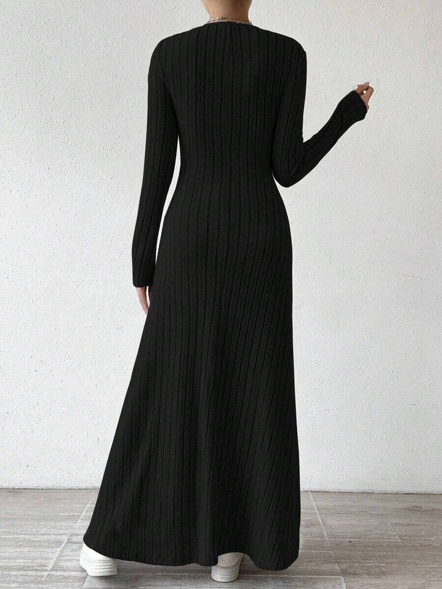 Dress Slim Fashion Women's Knitted Pure Color Long-Sleeved A-Line Street