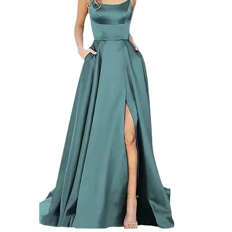 new bridesmaid dress long dress small tail strap solid color banquet