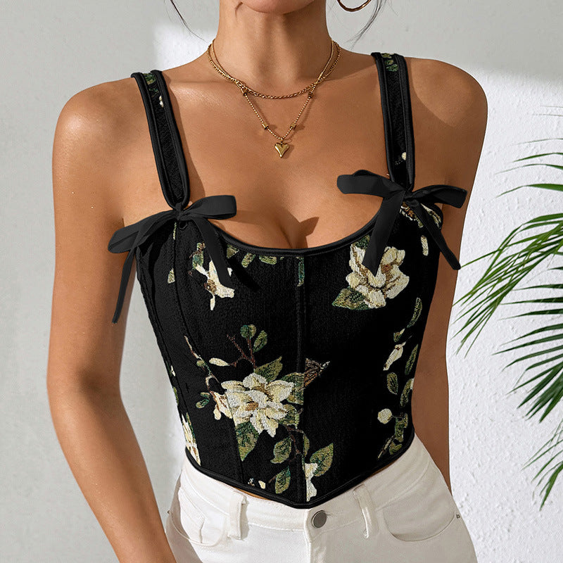 French Style Bow Lace-up Floral Sexy Shaper Women's Sling Printed Slim-fit